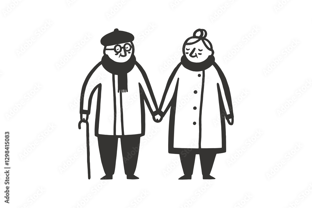 Happy elderly couple walking hand in hand, minimalistic line art Happy elderly couple walking hand in hand, minimalistic line art