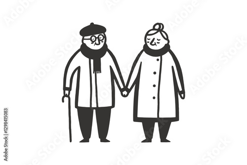 Happy elderly couple walking hand in hand, minimalistic line art