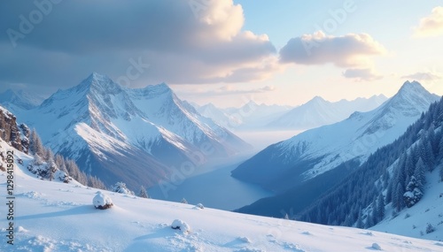 Wallpaper Mural Serene landscape of snow-capped mountains under a cloudy sky with silvery light filtering through the gaps, landscape, serene Torontodigital.ca