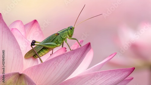 Wallpaper Mural A Grasshopper's Embrace: A vibrant green grasshopper perches delicately on the petal of a soft pink lotus flower, creating a perfect harmony in the gentle embrace of nature. Torontodigital.ca
