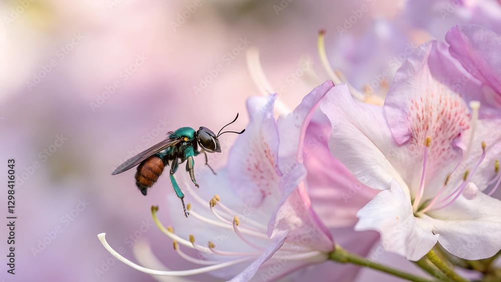 Emerald Bee and Delicate Blooms: An exquisite emerald green bee delicately hovers near a blossoming flower, its iridescent body reflecting the soft hues of the petals in a symphony of nature's beauty. Emerald Bee and Delicate Blooms: An exquisite emerald green bee delicately hovers near a blossoming flower, its iridescent body reflecting the soft hues of the petals in a symphony of nature's beauty.