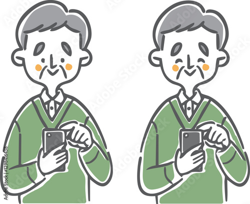 スマホを操作するシニアの男性　上半身　ベクター