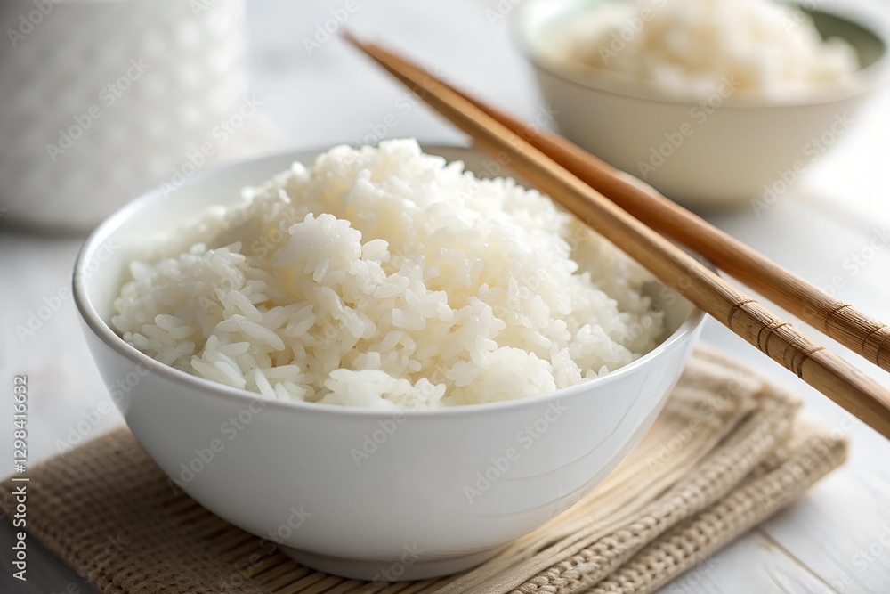 Minimalistic photo of a simple yet elegant bowl of plain steamed rice with chopsticks, extreme close-up emphasizing soft, fluffy grains, softly blurred background. Minimalistic photo of a simple yet elegant bowl of plain steamed rice with chopsticks, extreme close-up emphasizing soft, fluffy grains, softly blurred background.