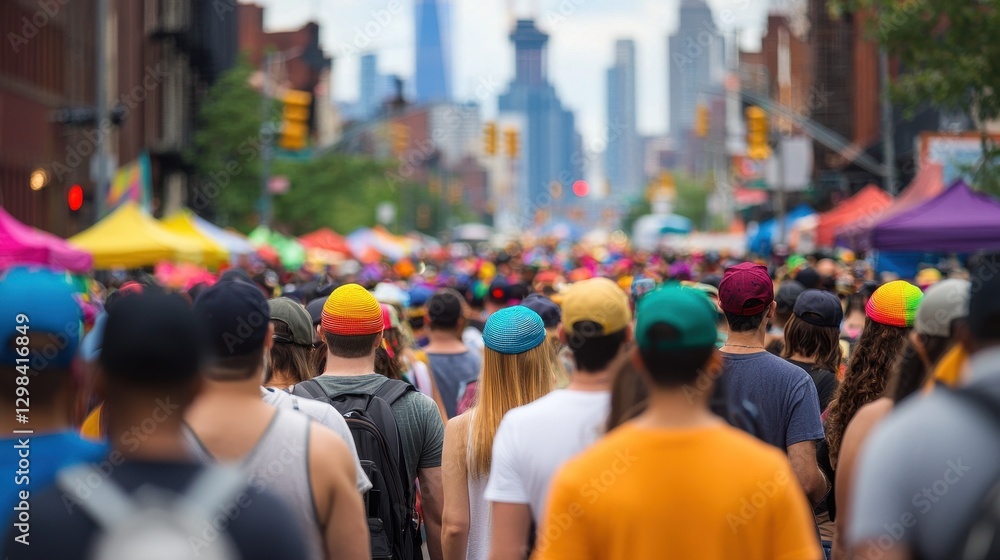 Obraz premium Vibrant Street Scene at Festival with Colorful Caps and City Skyline