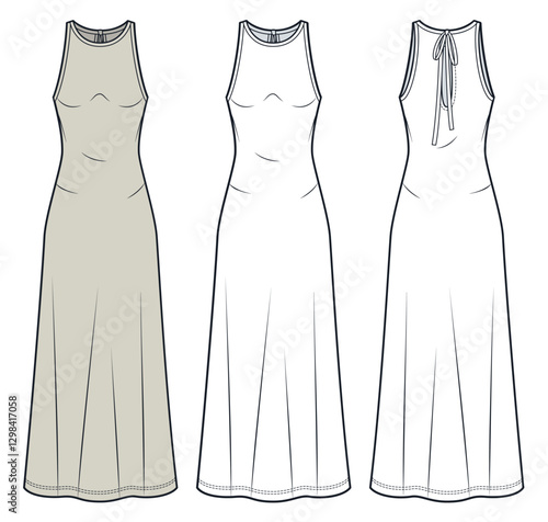 Sleeveless Long Dress Technical Fashion Illustration. Women Jersey Dress fashion flat technical drawing template, crew neck, tie back, front and back view, white, beige, women Dress CAD mockup set.