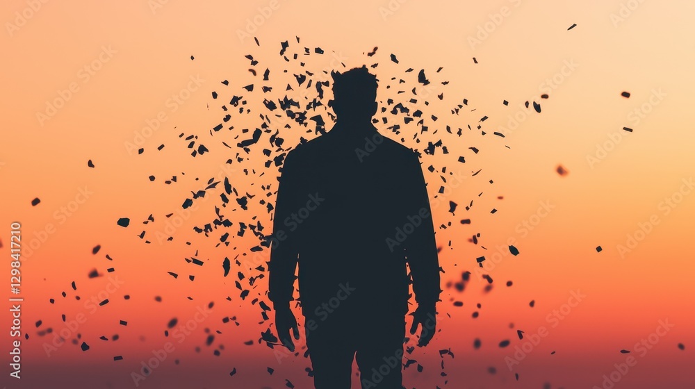 Silhouette of a Man Disintegrating Against a Vibrant Sunset Background Silhouette of a Man Disintegrating Against a Vibrant Sunset Background