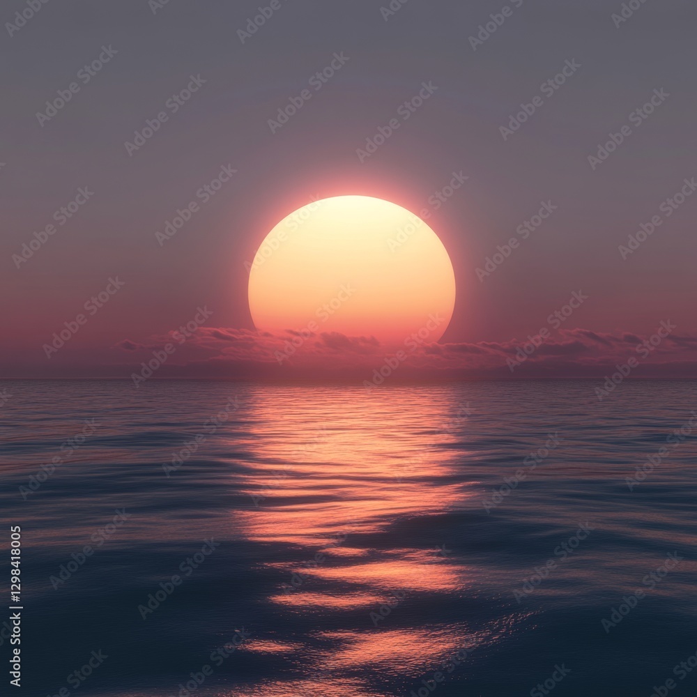 Glowing 3D Tropical Sunset Over Calm Ocean for Artistic Design Glowing 3D Tropical Sunset Over Calm Ocean for Artistic Design
