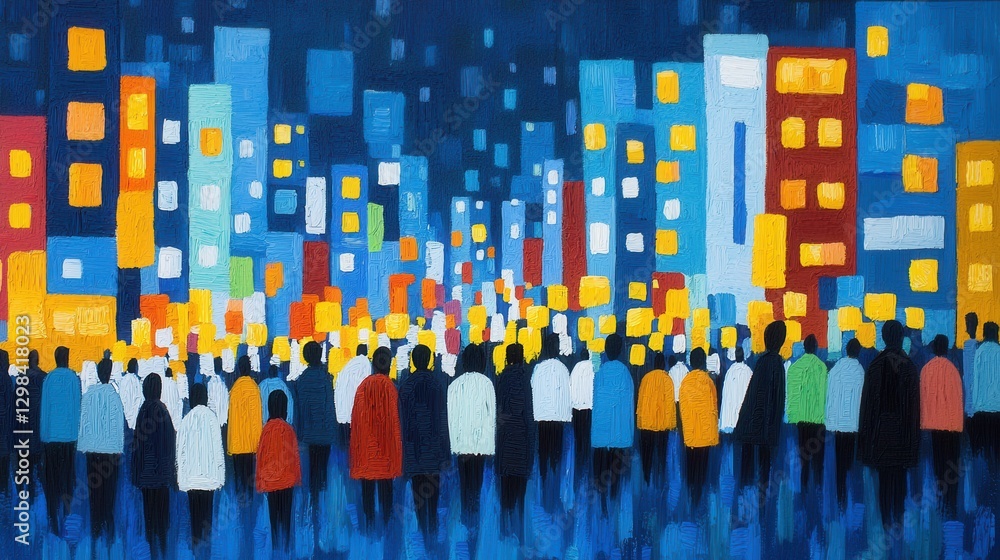 Colorful Urban Crowd Silhouette in Night Cityscape Illustration Colorful Urban Crowd Silhouette in Night Cityscape Illustration