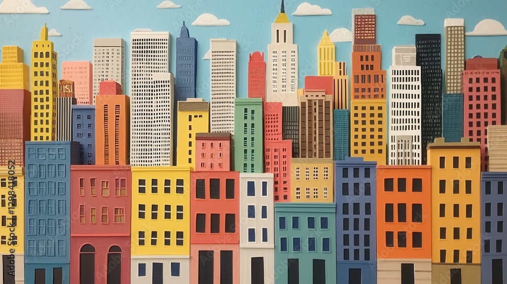 Obraz premium Colorful Cityscape with Stylized Buildings and Urban Elements