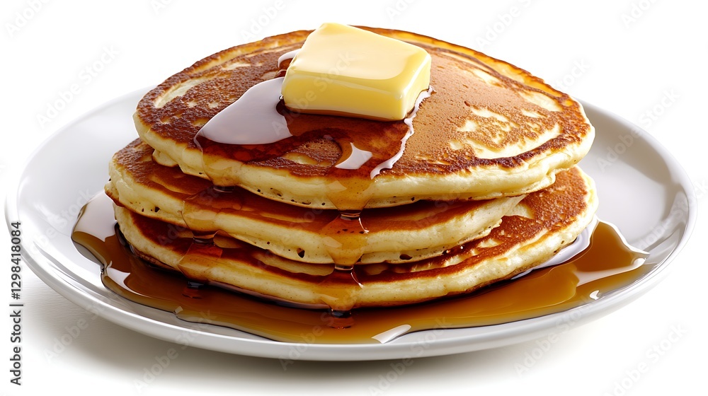 Stacked pancakes with butter and syrup on a plate, studio shot Stacked pancakes with butter and syrup on a plate, studio shot