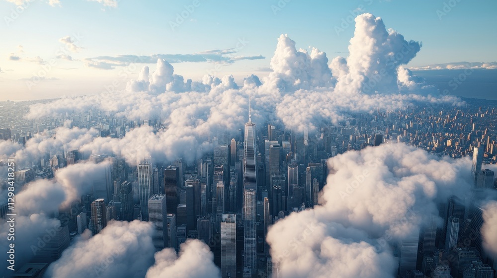 Fototapeta premium Aerial View of City Skyline Surrounded by Fluffy White Clouds