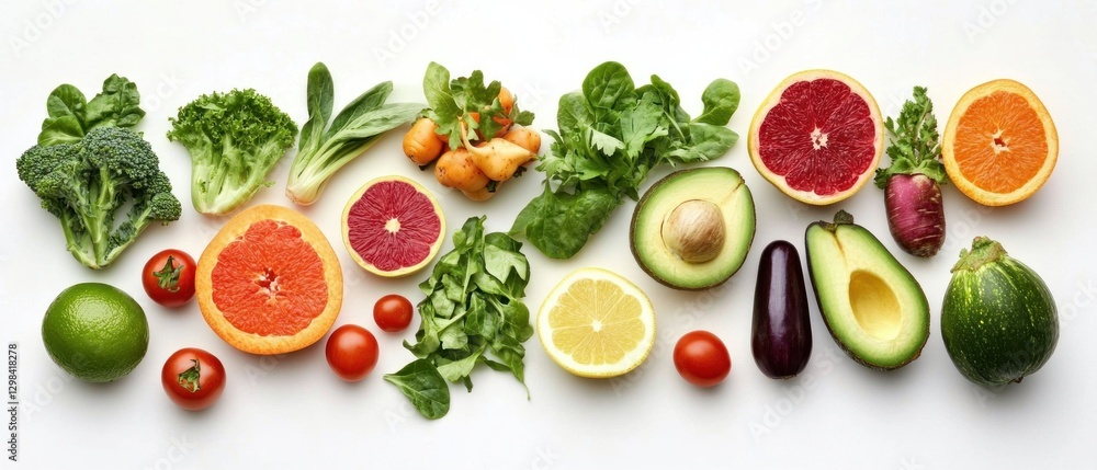 Assortment of Fresh Fruits and Vegetables on White Background Assortment of Fresh Fruits and Vegetables on White Background