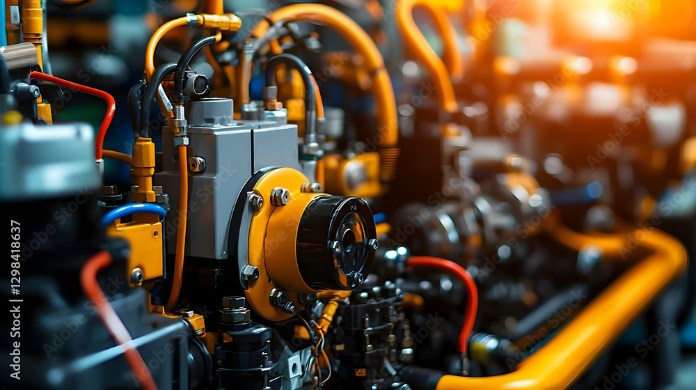 Detailed Close Up Of A Complex Industrial Machine System With Yellow And Orange Piping And Control Elements Detailed Close Up Of A Complex Industrial Machine System With Yellow And Orange Piping And Control Elements