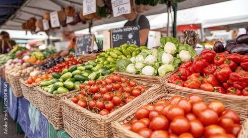 Colorful Fresh Produce Display at Vibrant Outdoor Market