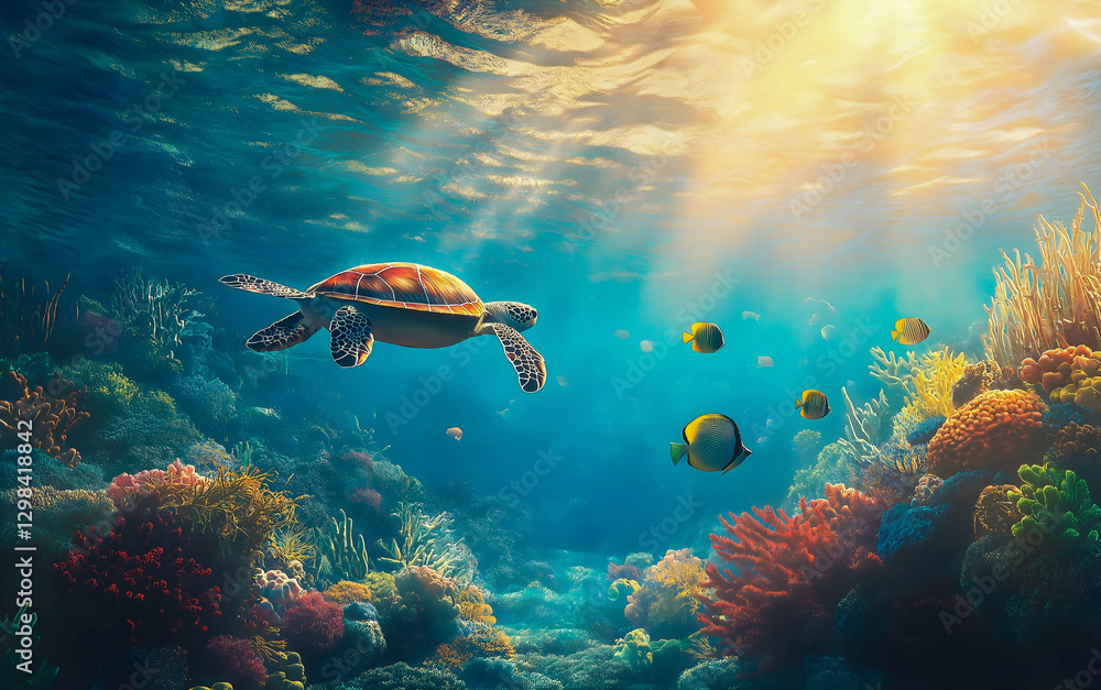 Fototapeta premium Sea turtle swimming over a colorful coral reef with sunlight beams. Beautiful underwater scene with sunbeams illuminating a vibrant coral reef and a sea turtle swimming peacefully.