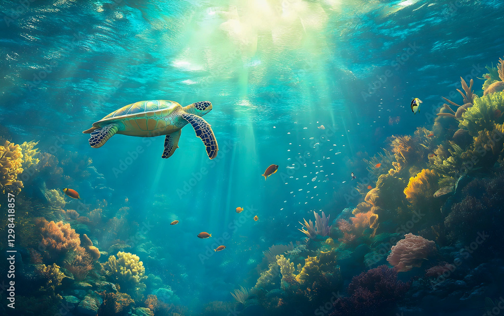 Obraz premium Sea turtle swimming over a colorful coral reef with sunlight beams. Beautiful underwater scene with sunbeams illuminating a vibrant coral reef and a sea turtle swimming peacefully.