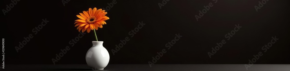 Fototapeta premium White vase on black background with a single orange daisy, black, decor