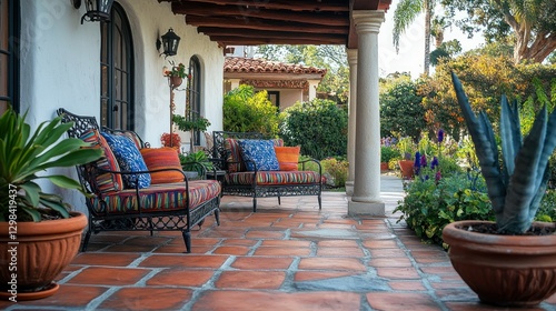 Spanish-style porch seating, sunny patio