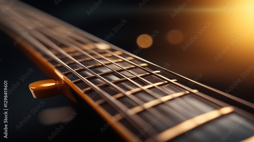 Fototapeta premium Close-up of electric guitar strings with dramatic lighting. Music and creativity