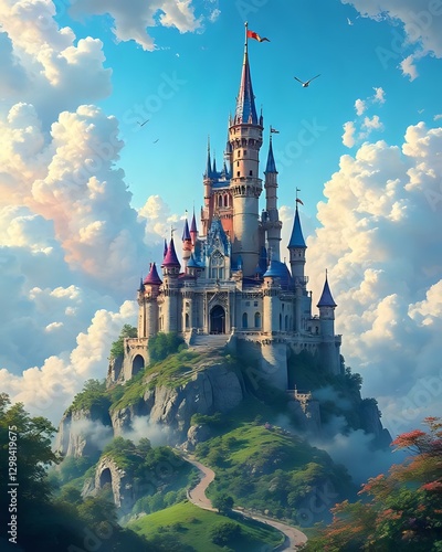 illustration d'un château flottant qui se situe dans les nuages au sein d'un décors fantasmagorique 