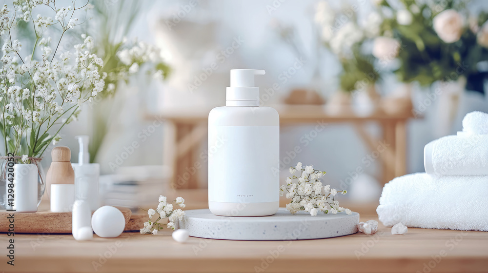 Elegant white cosmetic bottle on a table adorned with delicate blooms and soft towels, concept for skincare promotion Elegant white cosmetic bottle on a table adorned with delicate blooms and soft towels, concept for skincare promotion