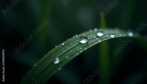 A blade of grass with water drops, dark background