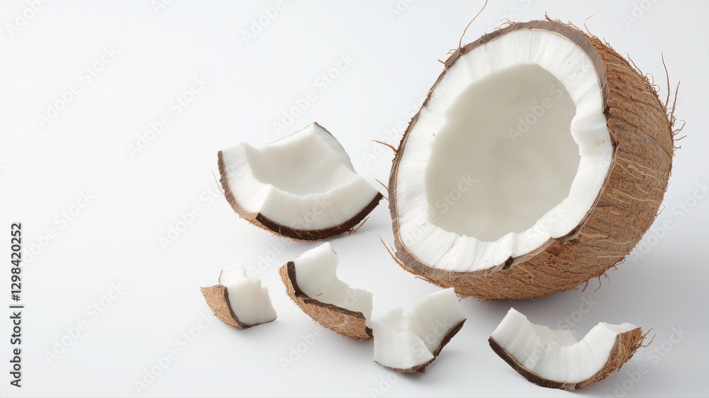 Halved coconut on white background with several slices. Fresh and tropical vibes. Halved coconut on white background with several slices. Fresh and tropical vibes.