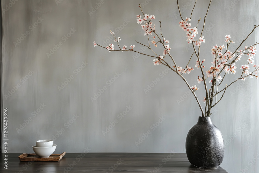 Elegant arrangement of cherry blossom branches in black vase on wooden table, complemented by white bowls. subtle microcement wall adds modern touch