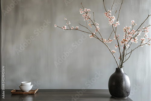 Elegant arrangement of cherry blossom branches in black vase on wooden table, complemented by white bowls. subtle microcement wall adds modern touch
