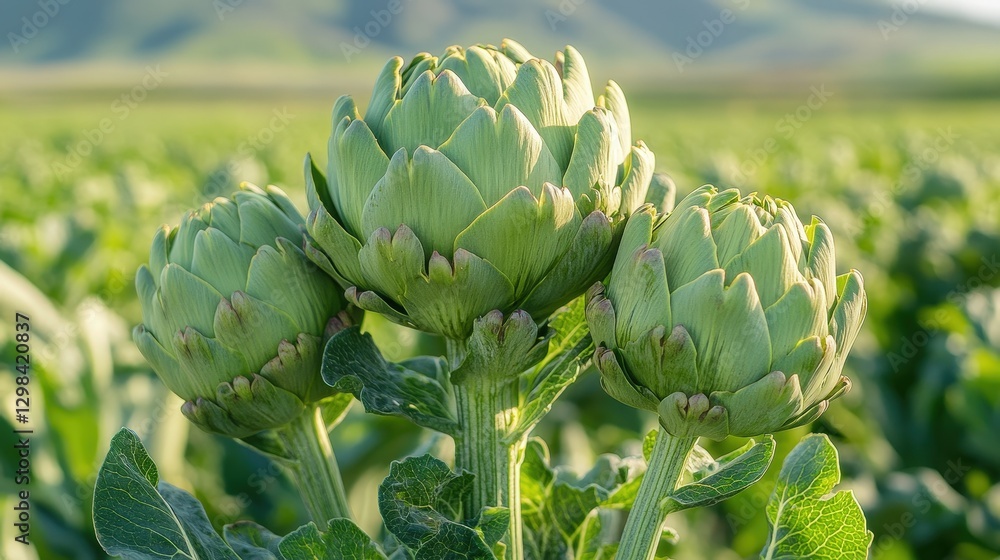 Fototapeta premium A vibrant, large green artichoke stands at the heart of a sunlit field, gracefully turning its crown to the left while its base leans right in harmonious contrast