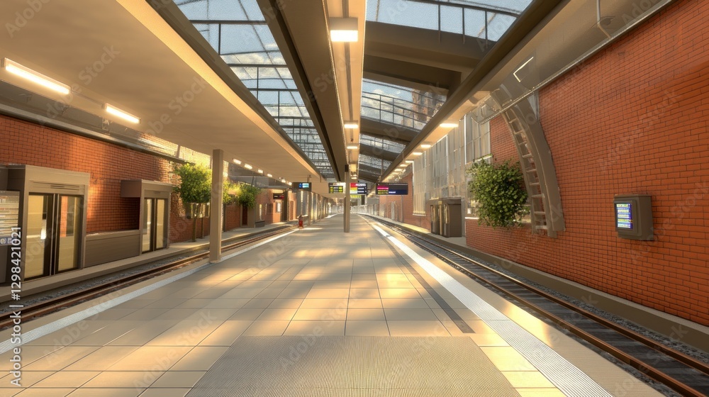 Fototapeta premium Modern Train Station Platform Design: Architectural Visualization of a Clean and Efficient Railway Platform