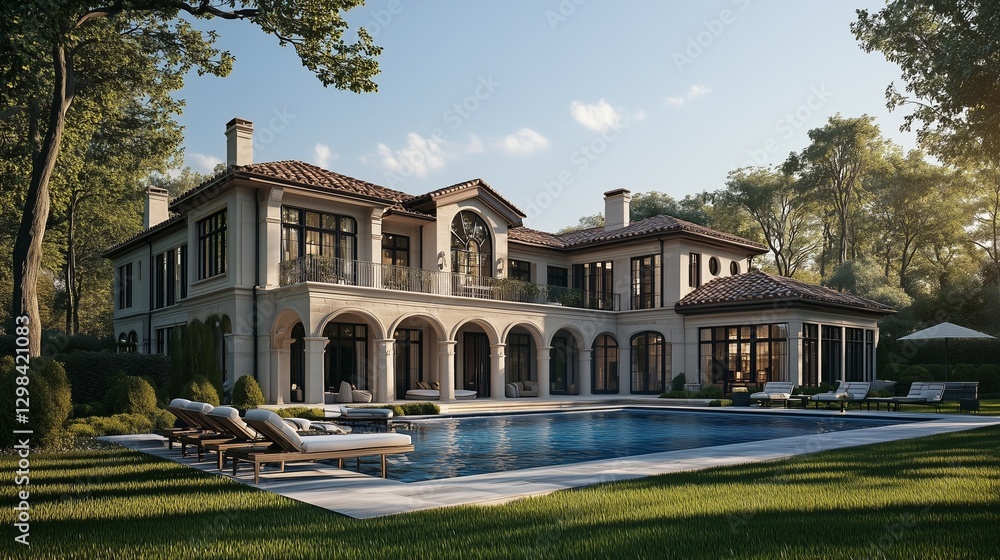 Fototapeta premium An architectural rendering of a luxury home. Private villa on the beach in the mediterranean garden. The exclusive new hamptons is a popular place to stay in york. A lifestyle visual representation.