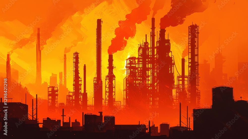Industrial Skyline at Sunset with Silhouetted Structures and Smoke Industrial Skyline at Sunset with Silhouetted Structures and Smoke