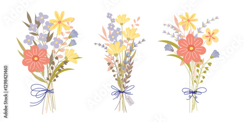 A set of flower bouquets of spring and summer wild garden flowers and greenery. Decorative elements, botanical elements