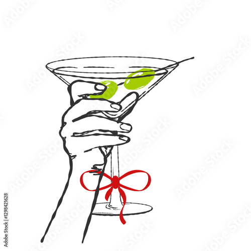 Martini glass with olives and bows on glass. Hand holding glass with dry martini or Alcohol Cocktail. Hand drawn Retro style. Vector illustration isolated on background