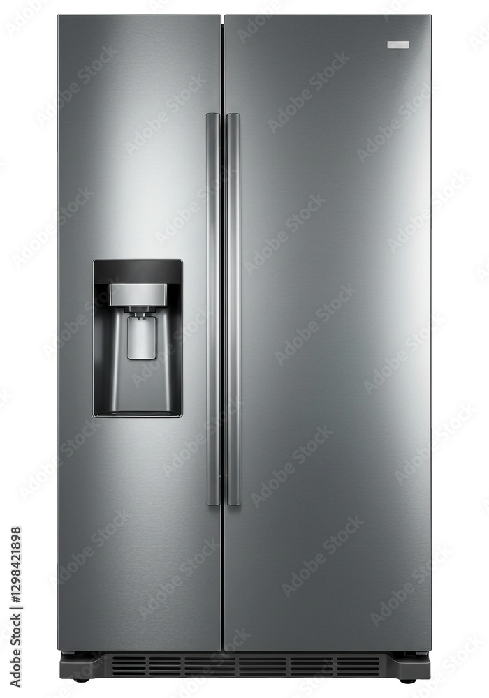 A contemporary silver side-by-side refrigerator with an external ice and water dispenser, reflecting gentle light A contemporary silver side-by-side refrigerator with an external ice and water dispenser, reflecting gentle light