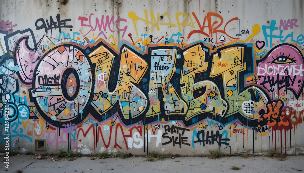 Fototapeta premium Vibrant graffiti mural on a concrete wall with colorful street art