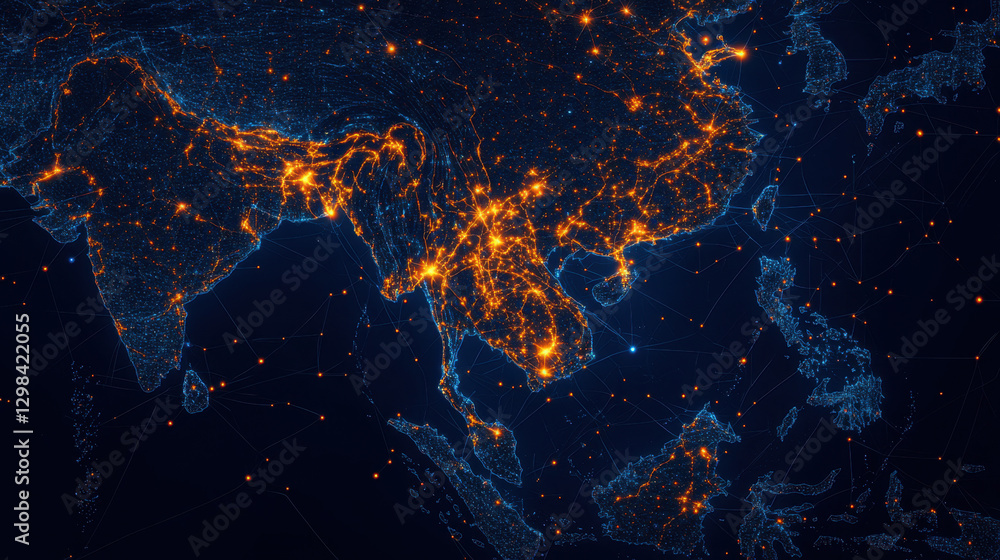 Obraz premium This detailed digital map highlights urban areas and infrastructure across South and East Asia, showcasing vibrant city lights at night