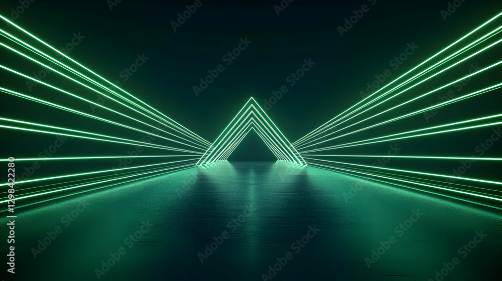Obraz premium Green Neon Triangle Tunnel Structure With Reflective Surface and Dark Background