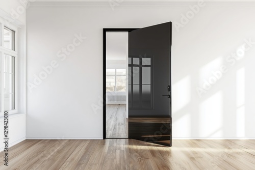 Wallpaper Mural Modern minimalist living room with a sleek black frameless glass door, natural light streaming in, white walls, and wooden flooring. Torontodigital.ca