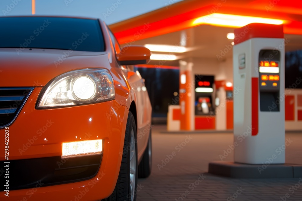 Fototapeta premium Bright orange car at a gas station during twilight, fueling up for a night drive through the city