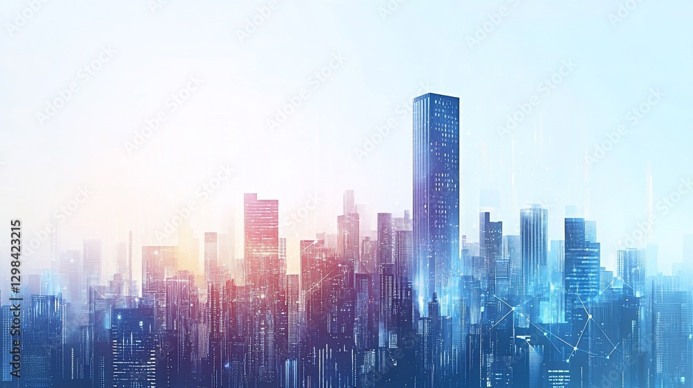 Abstract cityscape with layered digital overlays and a blend of blue and red tones showing buildings and connecting lines Abstract cityscape with layered digital overlays and a blend of blue and red tones showing buildings and connecting lines