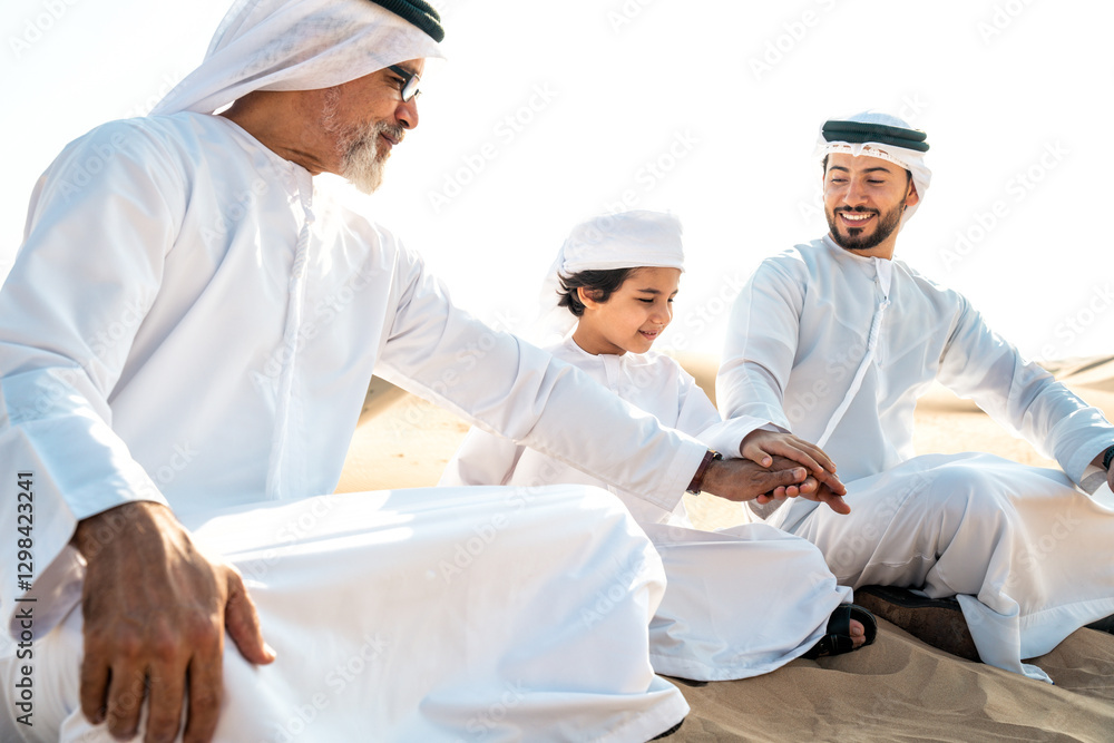 Three generation family making a safari in the desert of Dubai Three generation family making a safari in the desert of Dubai