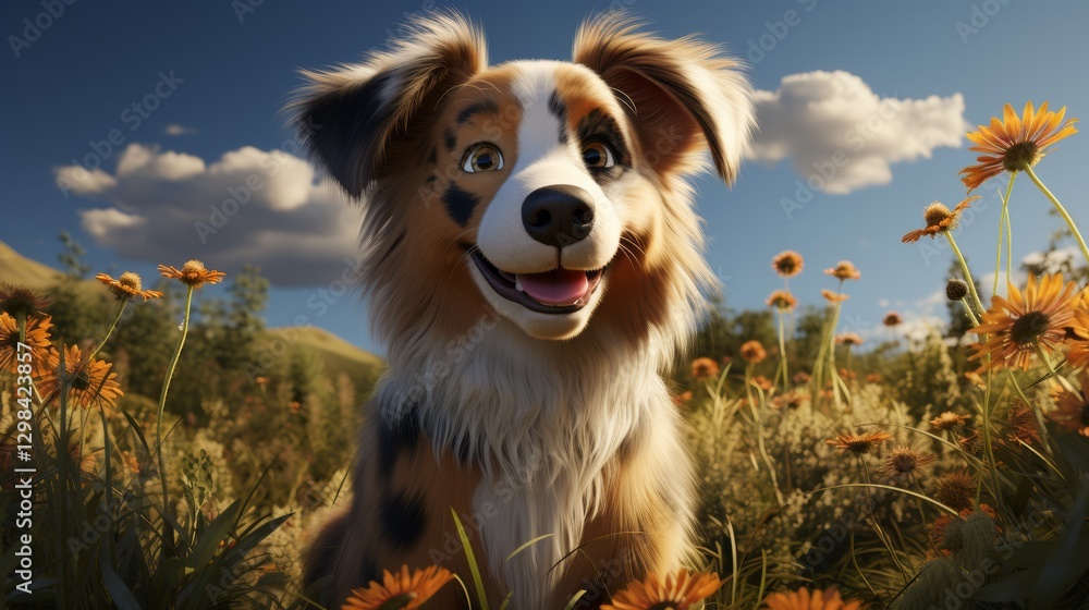 Joyful Cartoon Dog Playing in a Colorful Grassland Landscape Joyful Cartoon Dog Playing in a Colorful Grassland Landscape