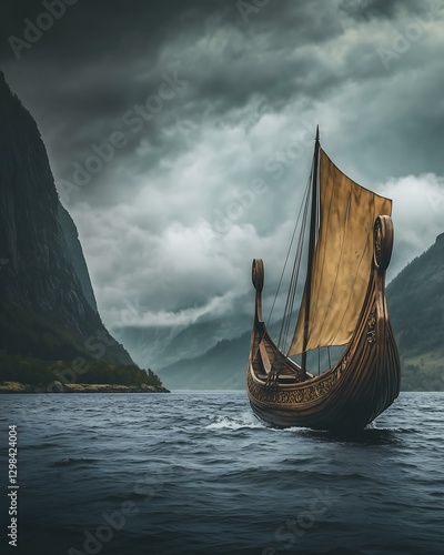 A majestic Viking ship sails through serene fjords under an ominous sky.