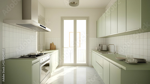 Wallpaper Mural Modern Green And White Kitchen Interior With Cabinetry And Bright Natural Light Through A Doorway Torontodigital.ca