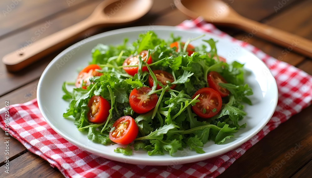 Salad with tomatoes and arugula on a red checkered napkin with two wooden spoons on a wooden table Salad with tomatoes and arugula on a red checkered napkin with two wooden spoons on a wooden table
