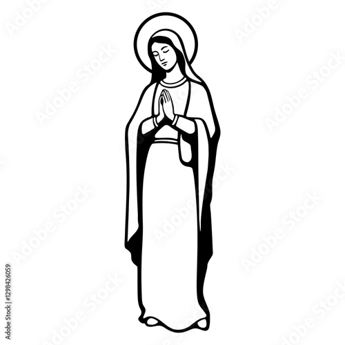 Virgin Mary praying with folded hands and halo monochrome clip art