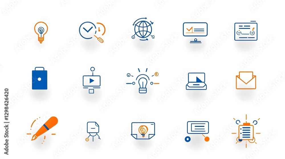Digital learning and online communication icon set featuring a collection of abstract line art symbols representing video conferencing interactive training business presentations Digital learning and online communication icon set featuring a collection of abstract line art symbols representing video conferencing interactive training business presentations