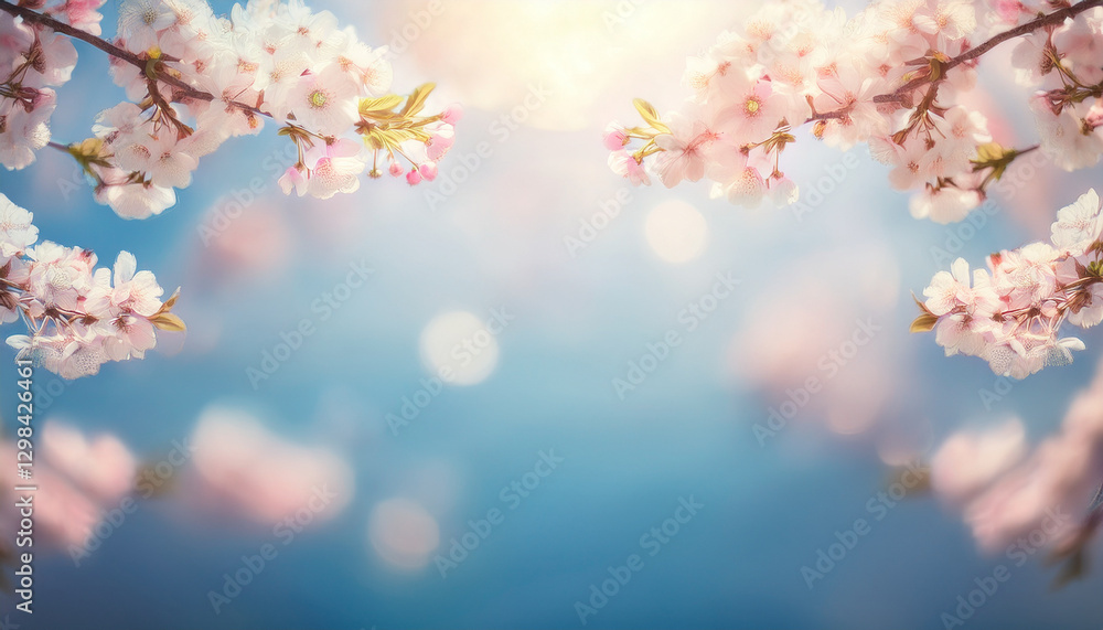 Obraz premium Blurred Spring Background illustration of fluffy sakura cherry blossoms and bokeh blue sky cloud surface with copy space.
